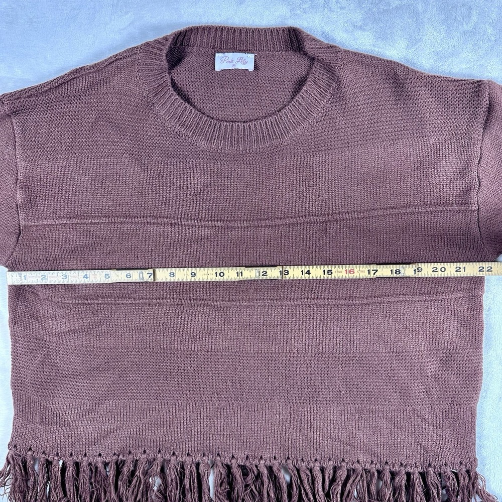 Pink Lily Womens M Mauve Fringe Hem Knit Sweater Long Sleeve Boho Oversized - Picture 6 of 11